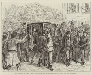 Die Vertreibung von Königin Natalie aus Serbien, die Studenten retten die Königin vor den Gendarmen